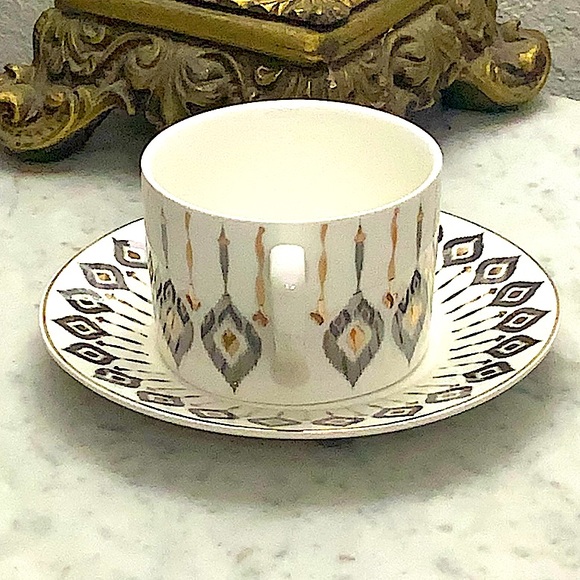 GRACES TEAWARE IKAT FLAT CUP SAUCER SET NEW PORCELAIN SILVER & GOLD - Picture 6 of 11